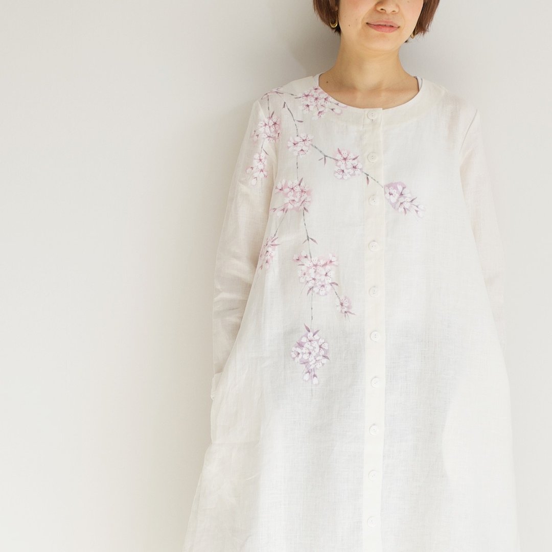 Linen coat one piece cherry blossom - 洋装/连衣裙 - 棉．麻 白色