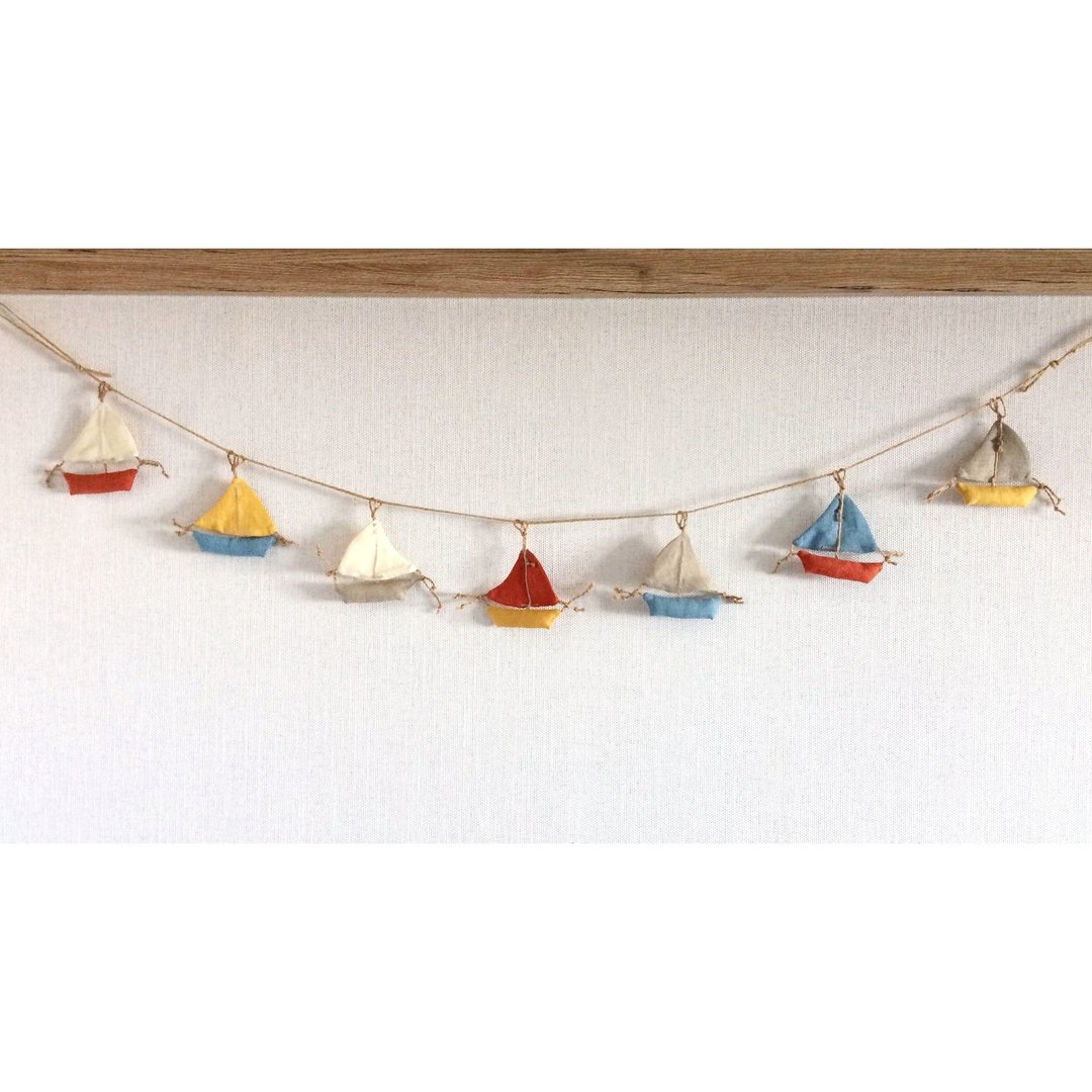 Terracotta, blue, gray, mustard linen boat garland, Sail boat decor - 墙贴/壁贴 - 亚麻 多色