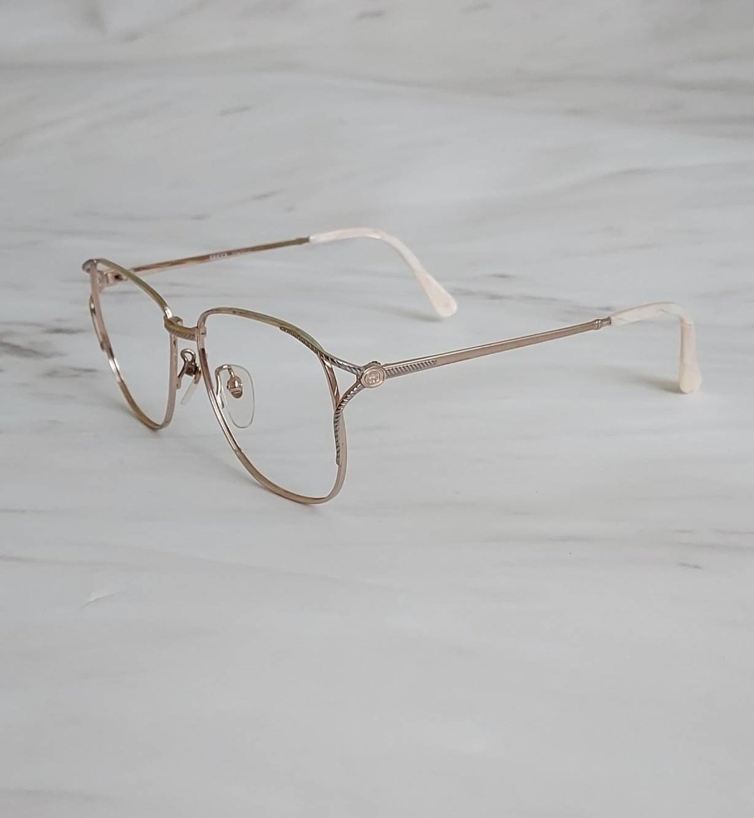 Gucci 12KGF 钛合金黄金色镶嵌绳索饰logo+珍珠贝塑料挂耳老眼镜 - 眼镜/眼镜框 - 其他金属 白色