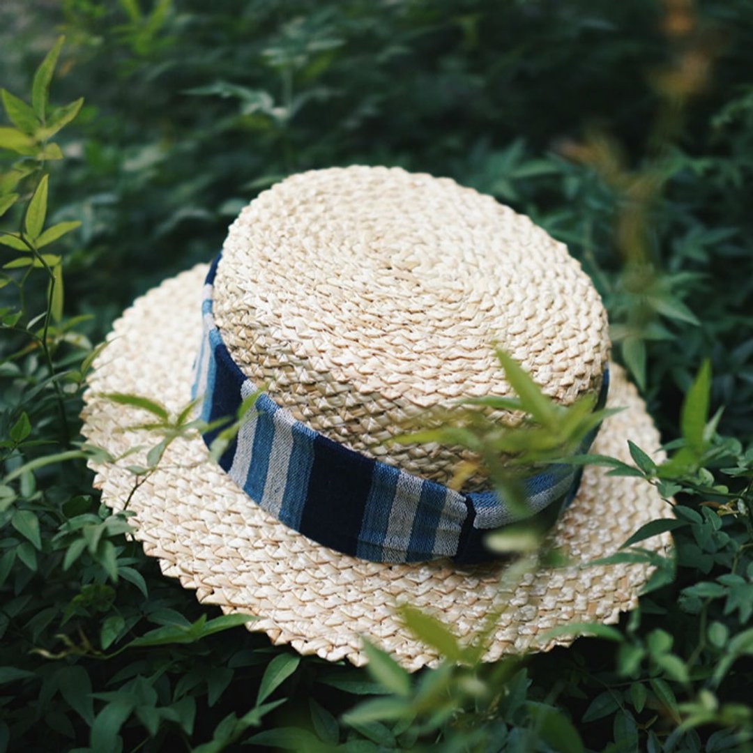 夏日米色 複古菠蘿格 平頂平檐漁夫帽 度假遮陽帽 手織布貶值禮帽 - 帽子 - 棉．麻 卡其色