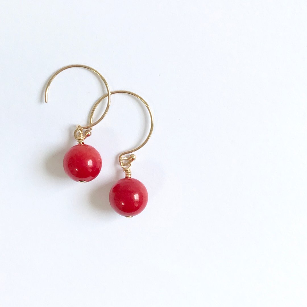 Red coral 14kgf hoop earring - 耳环/耳夹 - 贵金属 红色