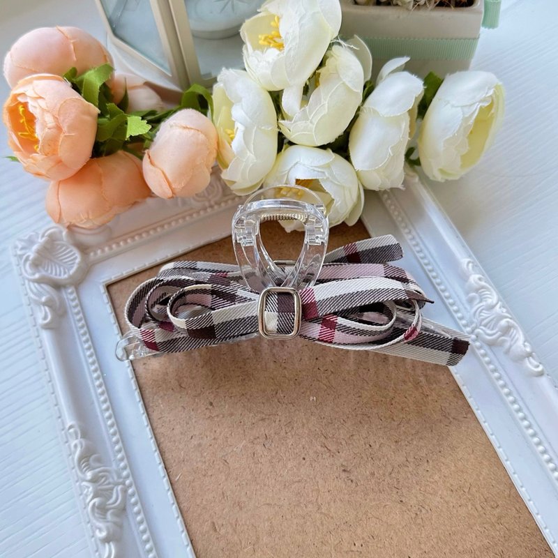 独家款学院风格纹蝴蝶结大抓夹鲨鱼夹 - 发饰 - 其他材质 粉红色