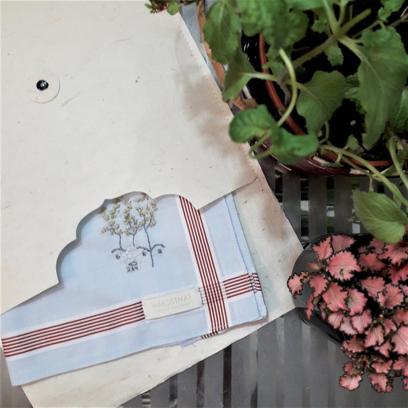 *手工刺绣糸列*中国风色织全棉手帕-中式庭院 *客制手綉英文字 - 手帕/方巾 - 棉．麻 蓝色