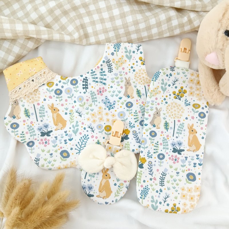 可绣名字。兔兔花园。手工订制3件弥月组。可单买 - 满月礼盒 - 棉．麻 黄色