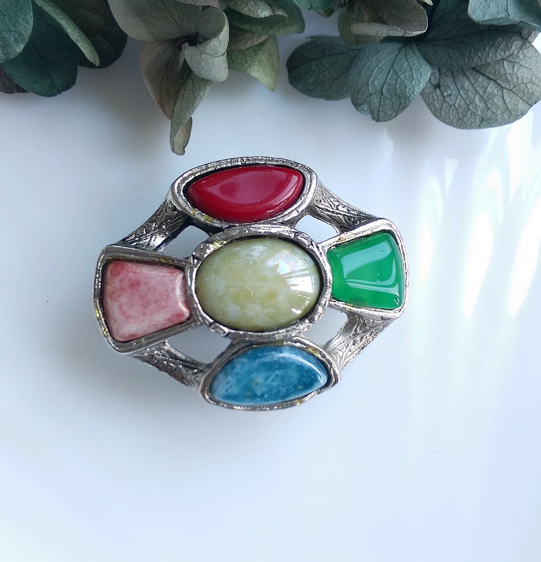 Vintage Jewelry 凯尔特十字 苏格兰风格 多彩石 别针 胸针 - 徽章/别针 - 其他材质 金色