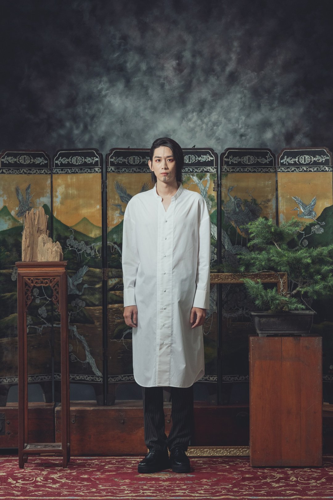 中式立领长版白衬衫(201T11) - 男装衬衫 - 棉 白色