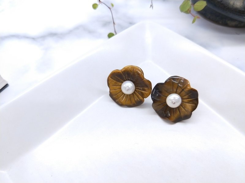 耳环。虎眼石珍珠花瓣*纯银耳针*耳环 - 耳环/耳夹 - 宝石 咖啡色