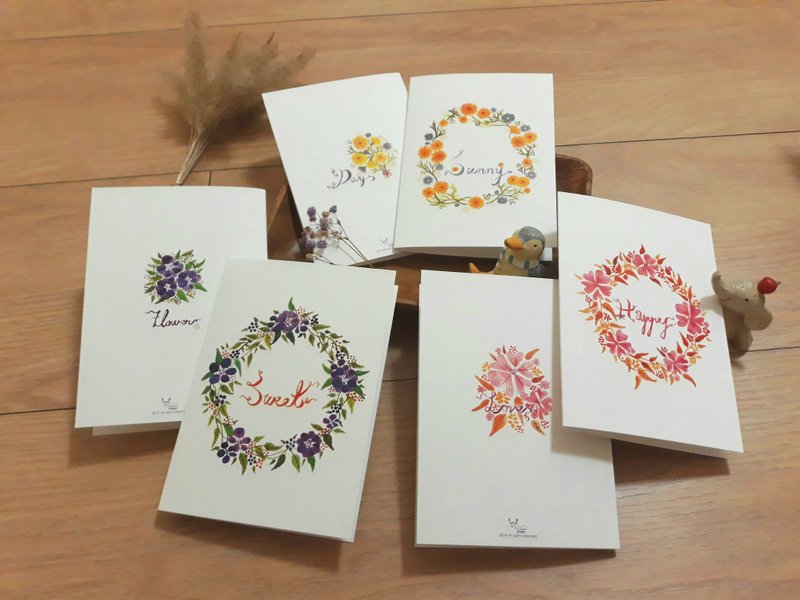 心花怒放水彩花圈卡片附牛皮信封五张200元八张300元 - 卡片/明信片 - 纸 多色
