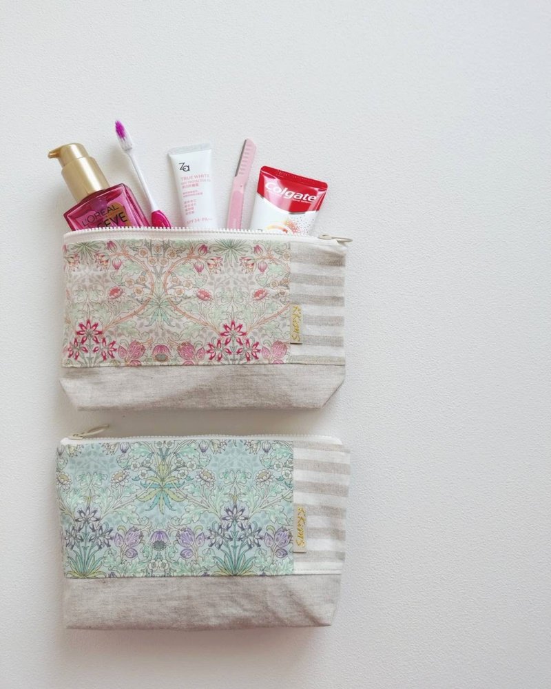 【FZK/万用收纳包(大)】英式古典 春的颜色 日本棉麻布 先染条纹 - 化妆包/杂物包 - 棉．麻 多色