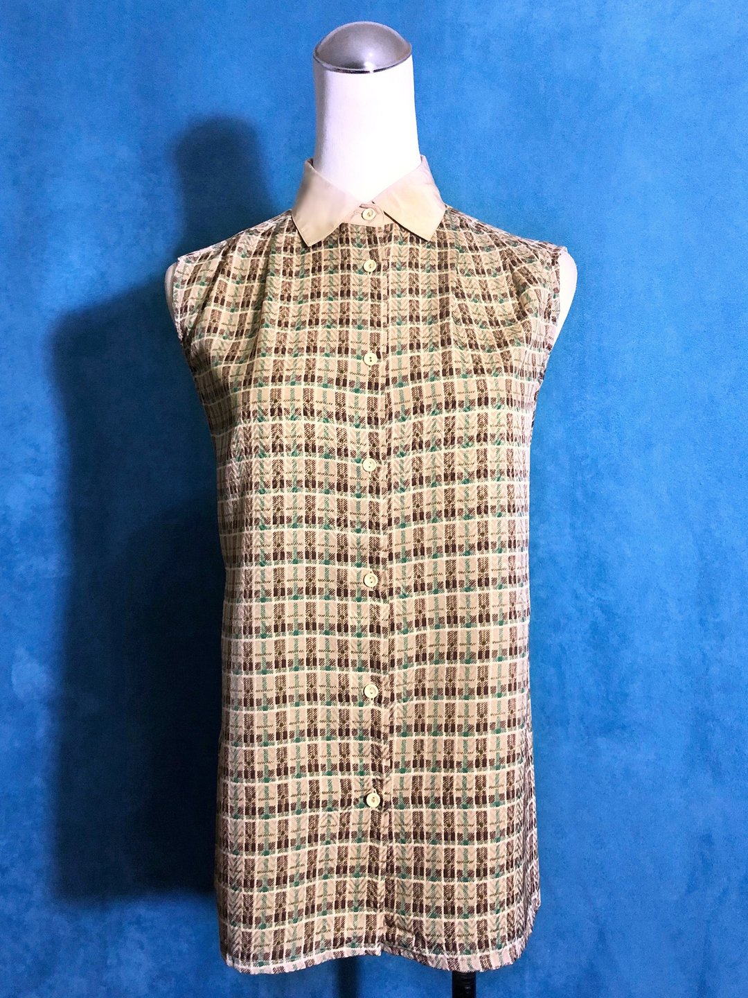 拼接领格纹织纹无袖古着衬衫/ 国外带回 VINTAGE - 女装衬衫 - 聚酯纤维 多色