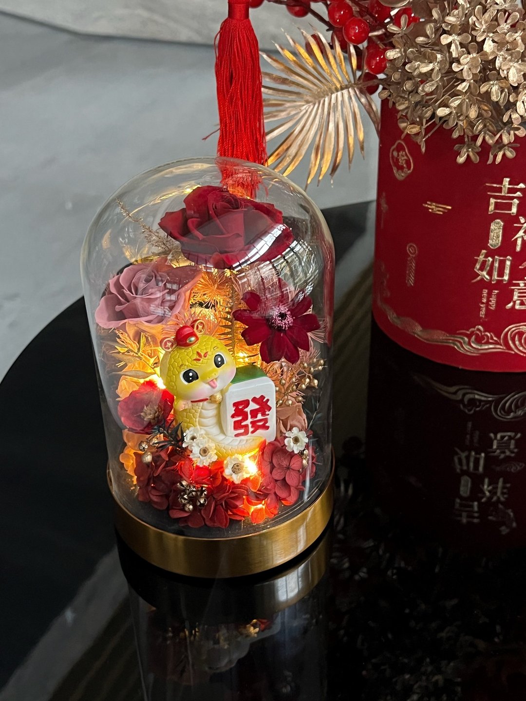蛇年吉祥永生花玻璃花盅 - 干燥花/捧花 - 植物．花 红色