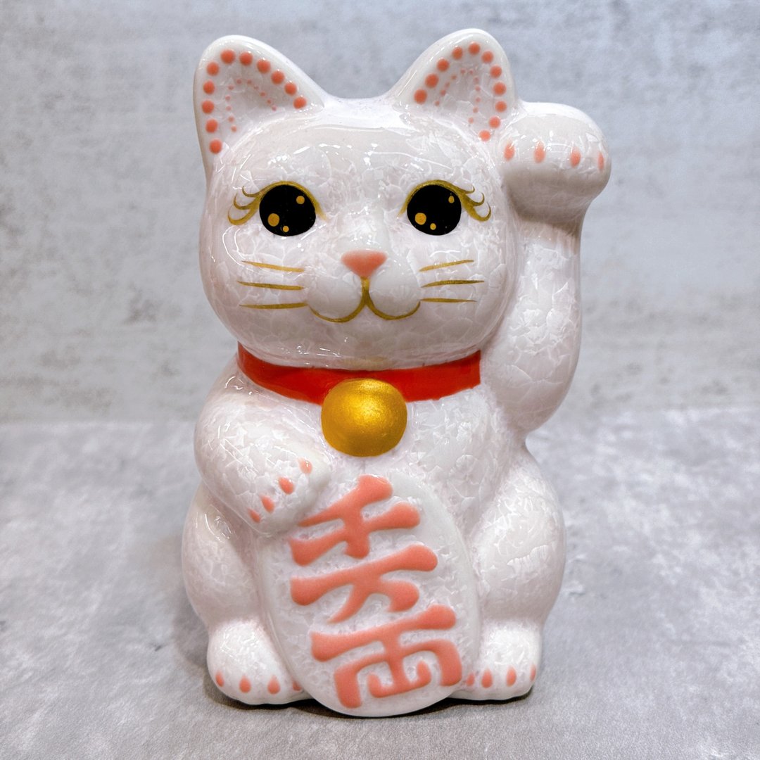 【樱彩聚缘】日本清水烧招财猫 | 花结晶 桃 - 千万両 左 - 摆饰 - 瓷 白色