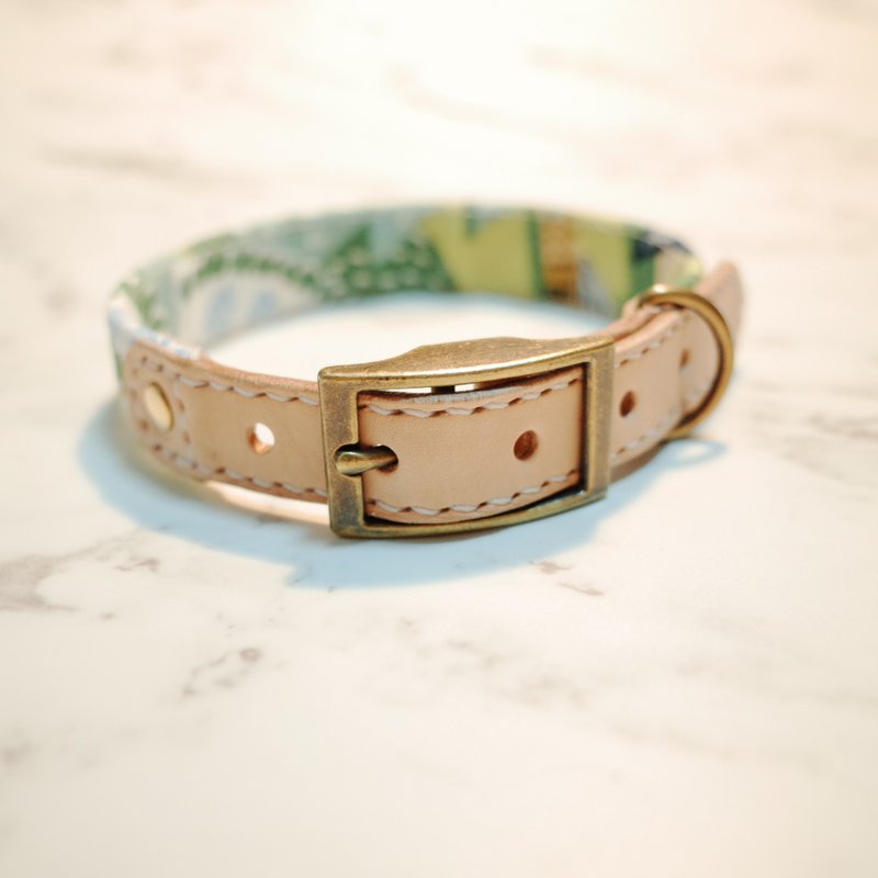 狗 项圈 M+号 浅绿 森林里的动物们 植鞣皮 可上牵绳 - 项圈/牵绳 - 棉．麻 