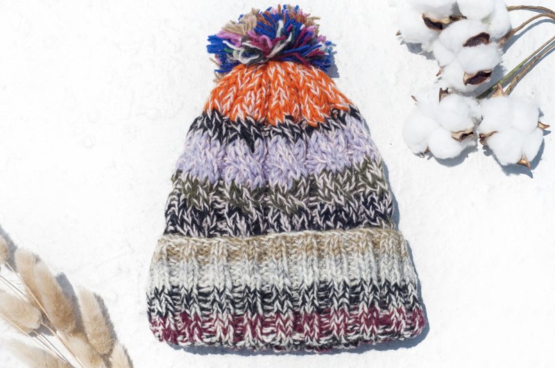 手工编织纯羊毛帽/编织帽/针织毛帽/内刷毛手织毛帽-北欧葡萄橘子 - 帽子 - 羊毛 多色
