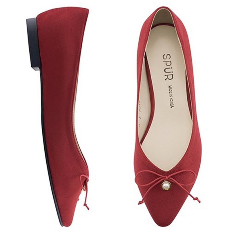PRE-ORDER SPUR 蝴蝶结吊珍珠章平底鞋 OF7019 RED - 女款休闲鞋 - 其他材质 