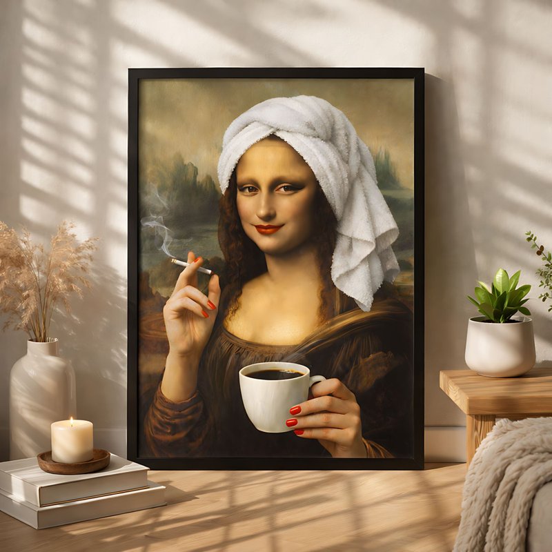 搞笑蒙娜丽莎挂画, 复古咖啡海报, 女性幽默礼物装饰画 - 墙贴/壁贴 - 棉．麻 