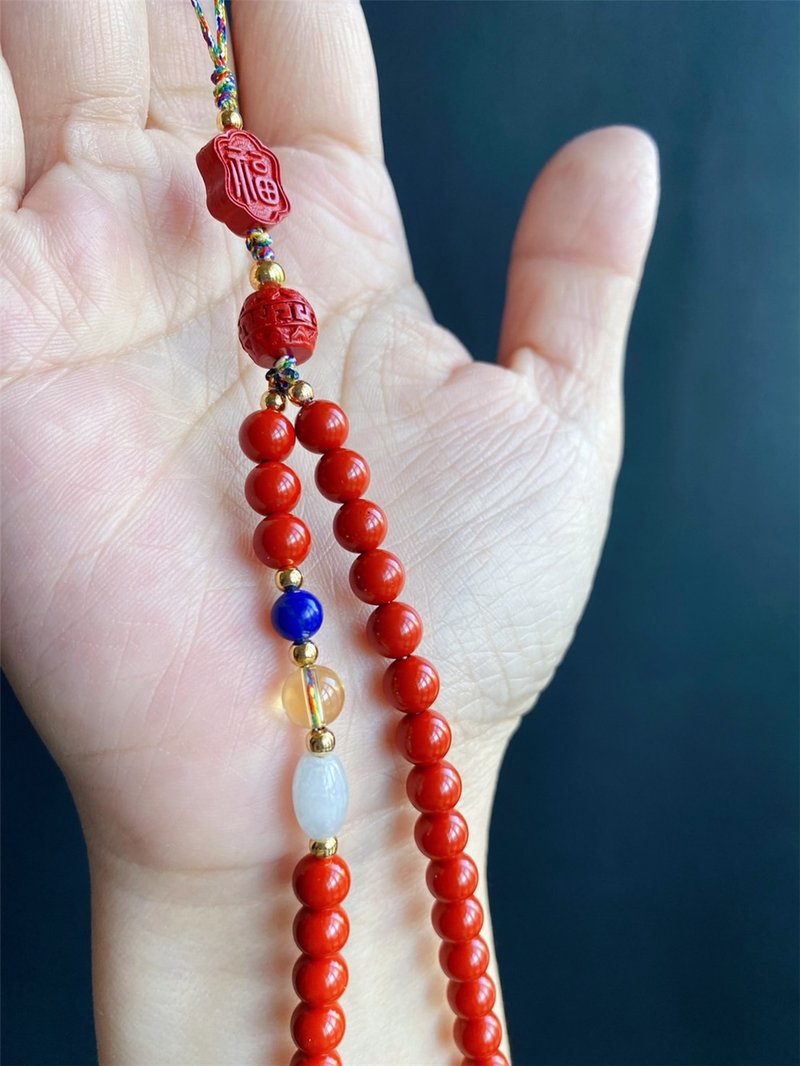 朱砂 保平安 福 五色线 手机链 辟邪圣物 翡翠 黄水晶 礼物 - 挂绳/吊绳 - 水晶 红色