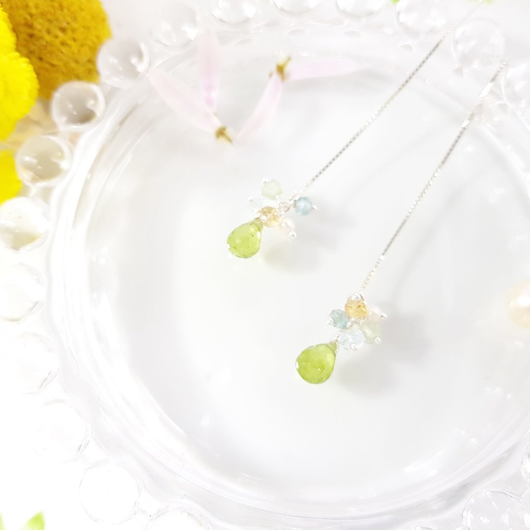 优雅小妞系列 - 春绿橄榄石纯银耳链_8月诞生石 / Peridot - 耳环/耳夹 - 宝石 绿色