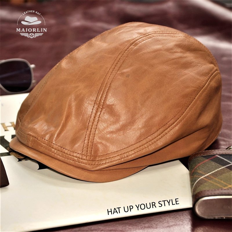MAJORLIN 牛皮鸭舌帽 驼色仿旧复古油蜡皮革 真皮帽子 扁帽报童帽 - 帽子 - 真皮 橘色