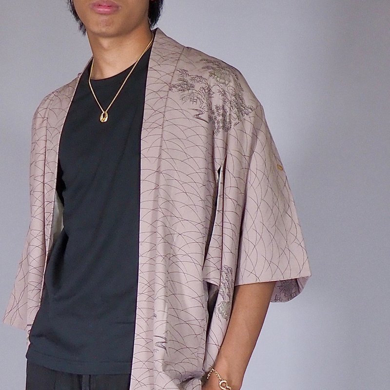 【日本制】复古羽织男式、和服夹克、和服开衫、灰米色 - 男装外套 - 丝．绢 灰色