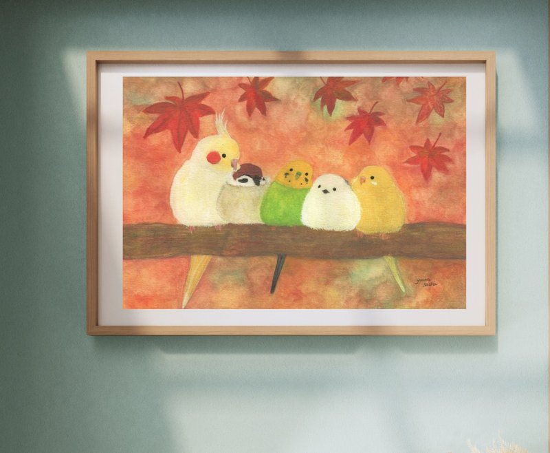 A4 红叶 长尾小鹦鹉 虎皮鹦鹉 麻雀 小鸟雀 - 海报/装饰画/版画 - 纸 橘色