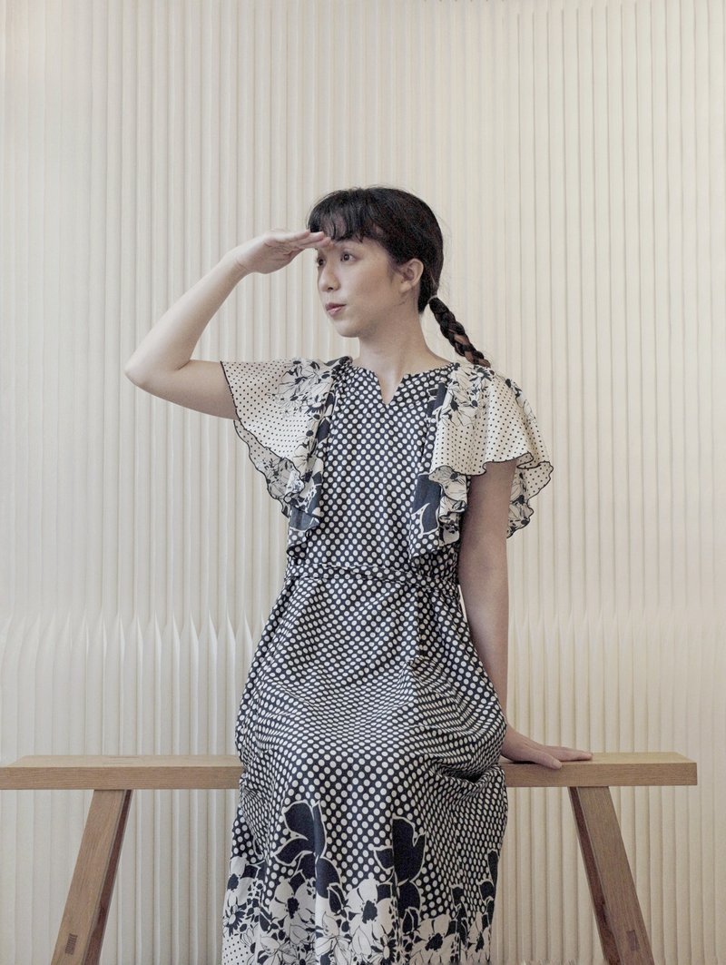 复古定位印花披肩袖长洋装 - 洋装/连衣裙 - 聚酯纤维 