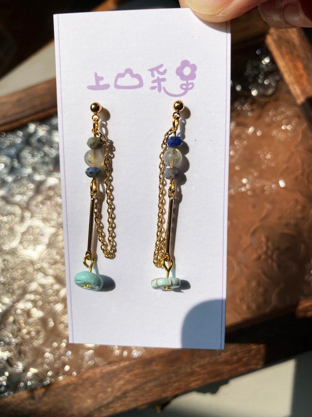兰诺尼雅 钻切款 蓝纹 水晶 绿松 长坠 耳环 定制化 改夹  14K - 耳环/耳夹 - 宝石 