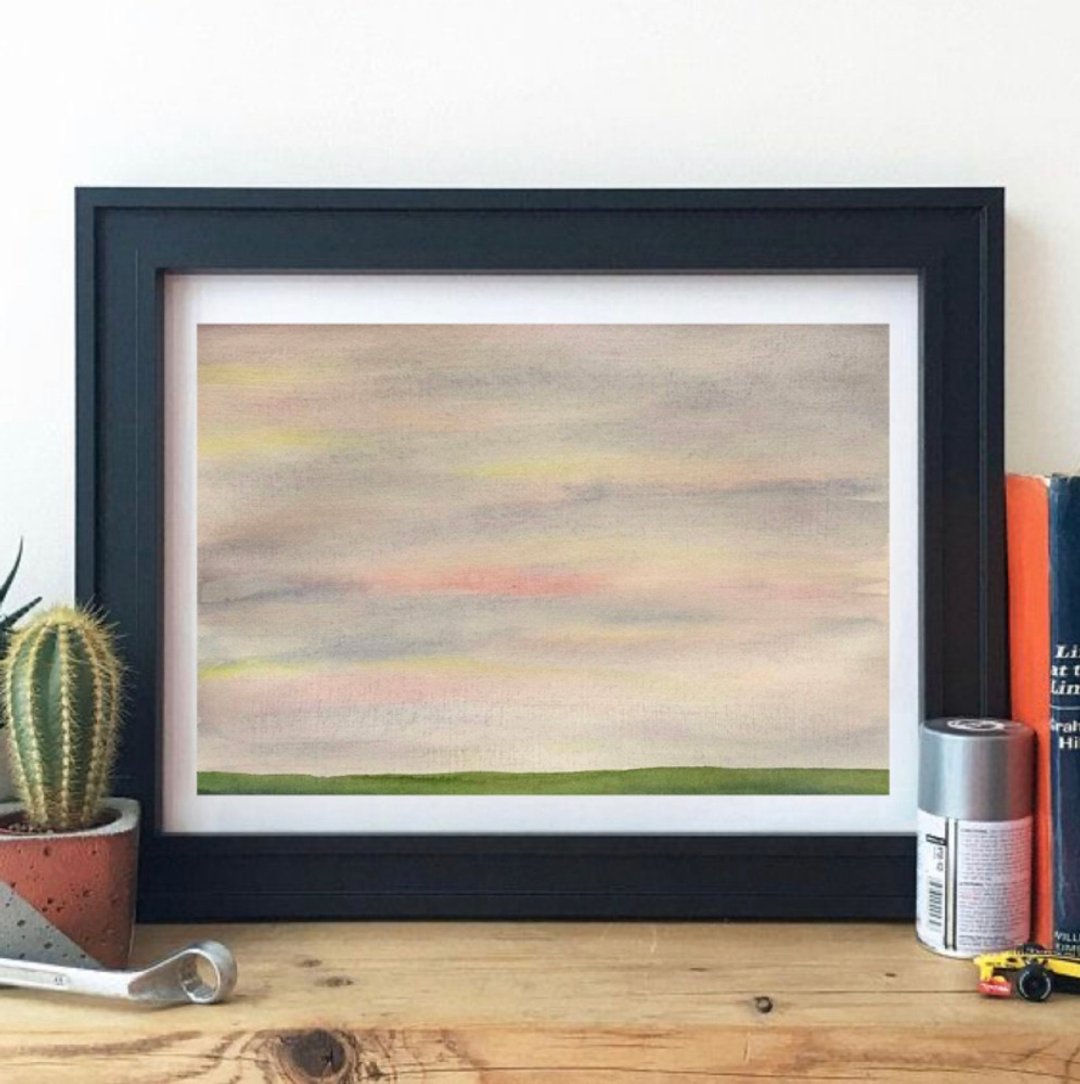Original Watercolor Sky Landscape Green Field Painting Clouds Art Pink Sky Art - 墙贴/壁贴 - 纸 多色