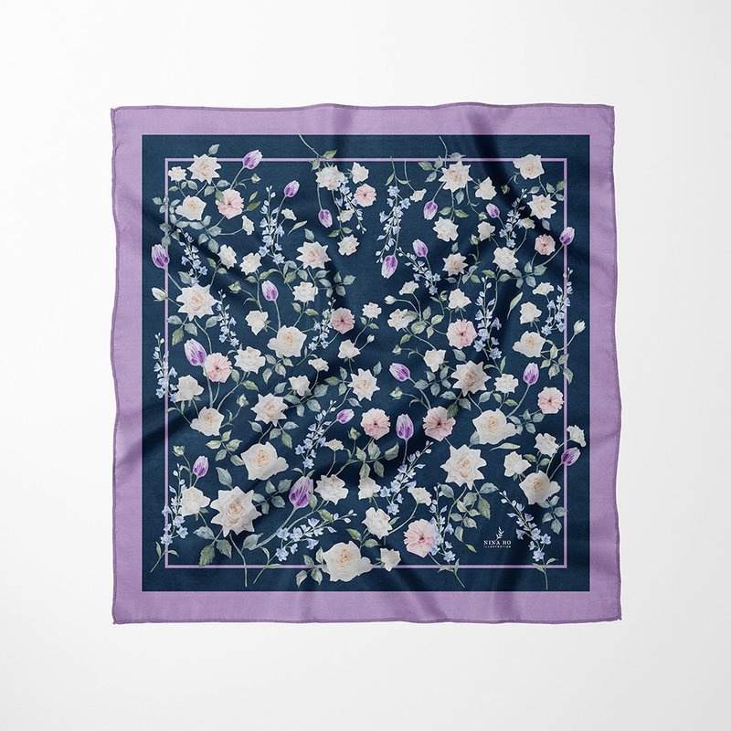 白色玫瑰园双面真丝丝巾 / 紫藤色 - 丝巾 - 丝．绢 多色