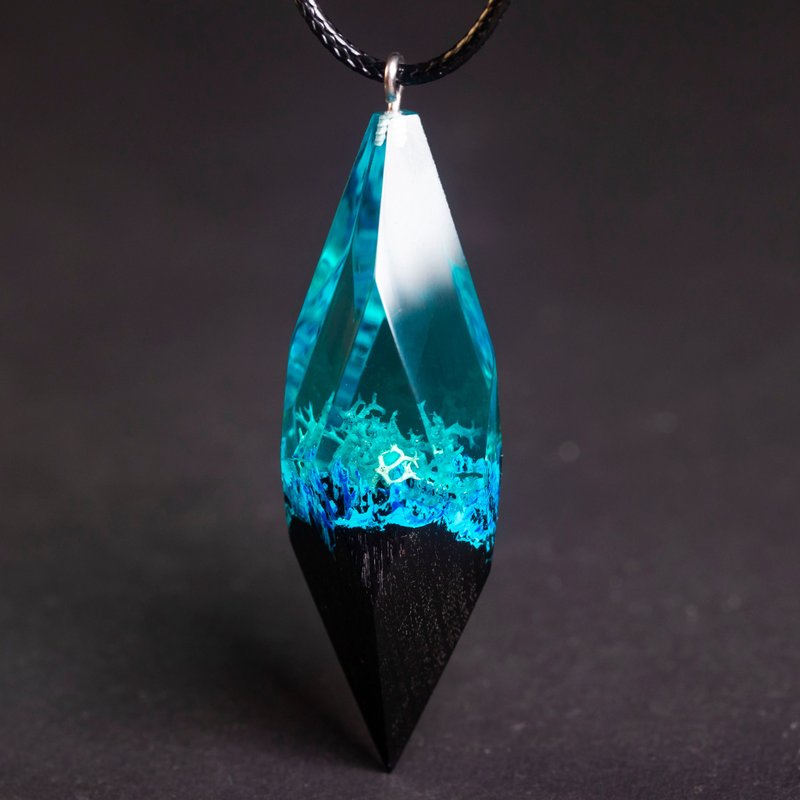 海底世界|| 天然干苔藓水晶吊坠 - 项链 - 木头 蓝色