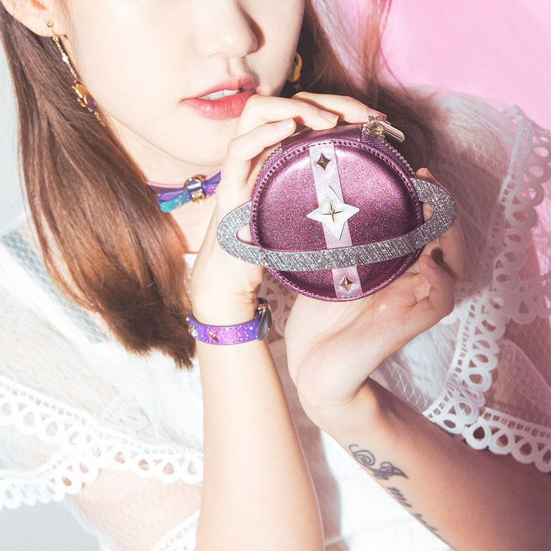 izzmi 金属紫红色 小星球圆形零钱包 挂饰头层牛皮原创设计 - 零钱包 - 真皮 紫色