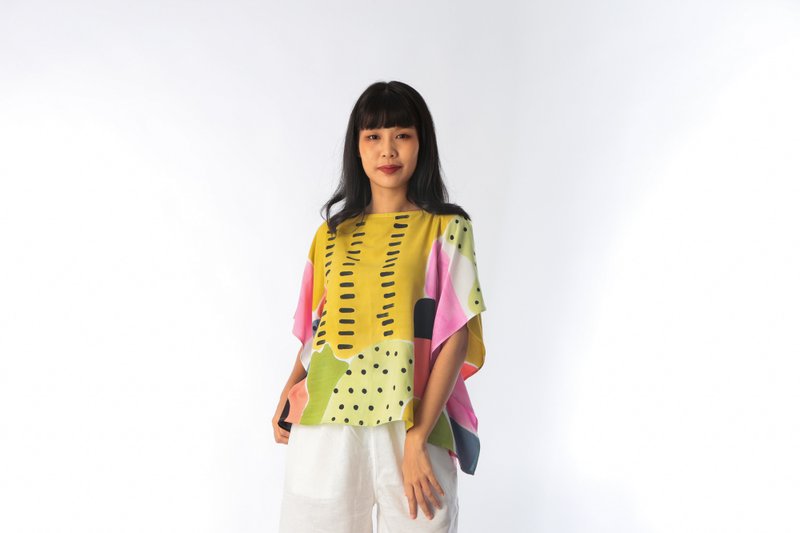 Poncho Blouse Cotton Rayon Hand Painted for Summer resort va - 女装上衣 - 棉．麻 黄色