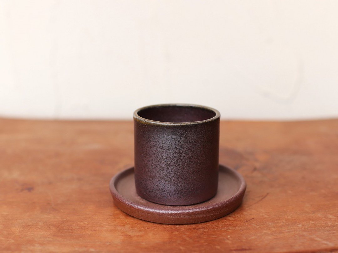 Bizen pottery mini flowerpot (with saucer) u-045 - 植栽/盆栽 - 陶 咖啡色