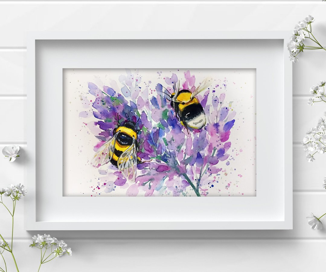 Watercolor 2 bumblebee on flower wall decor bee painting by Anne Gorywine - 墙贴/壁贴 - 纸 多色