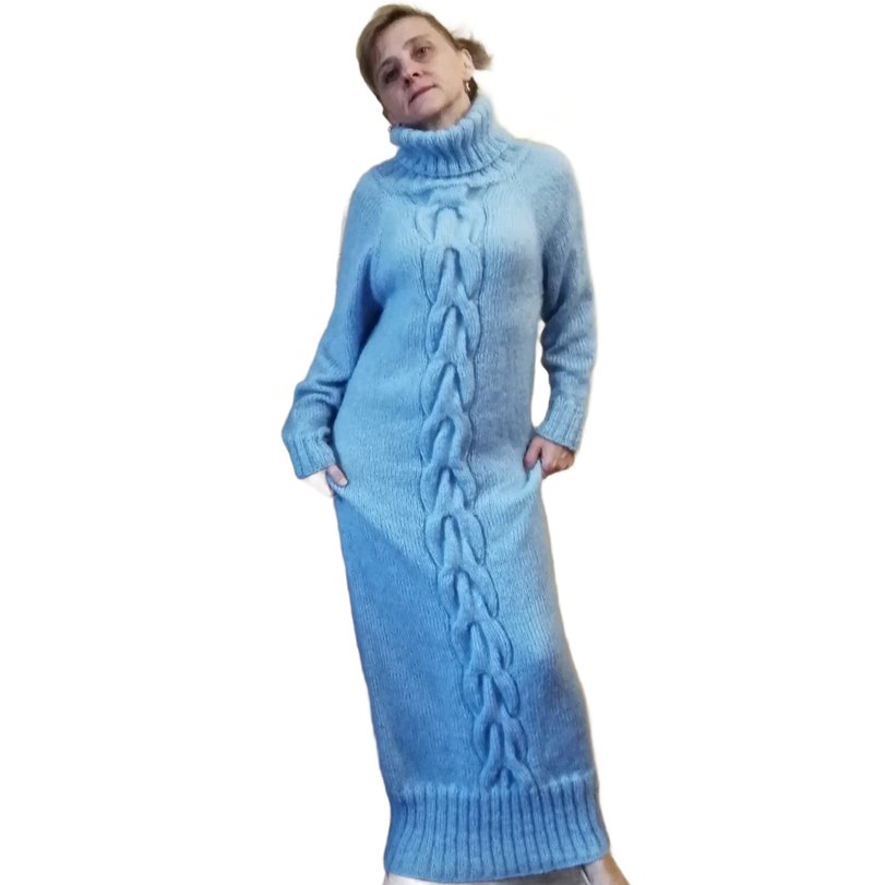 女款蓝色保暖针织加长连衣裙 宽松高领毛衣 - 其他 - 羊毛 蓝色