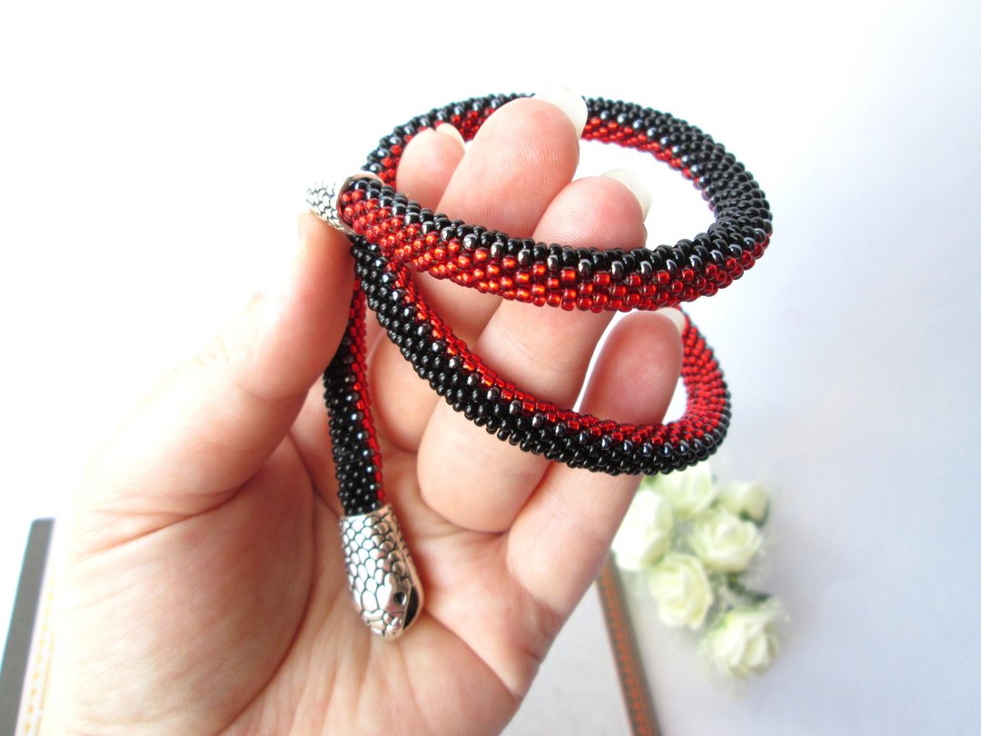 Black red snake necklace bracelet Ouroboros jewelry Serpent rope Beaded necklace - 手链/手环 - 其他材质 多色