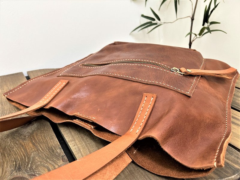 全手缝软牛皮 × Tan植鞣革肩带单肩包-极简风手工皮革包 - 手提包/手提袋 - 真皮 