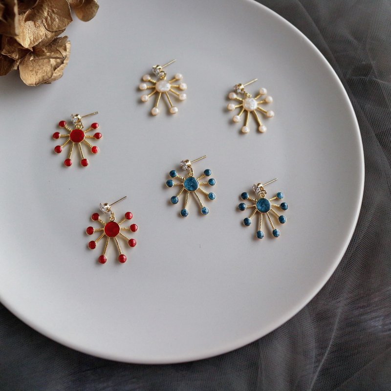 【福袋】 | 复古烟花绽放耳环 红蓝白三色气质款个性x - 耳环/耳夹 - 树脂 多色
