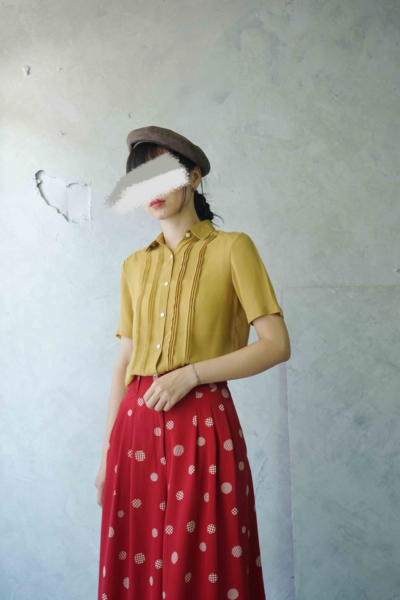 寻宝古着-姜黄透肤雪纺细折复古衬衫 - 女装衬衫 - 聚酯纤维 黄色