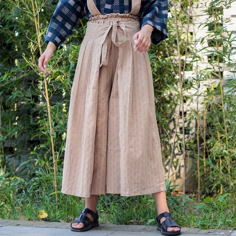 日式和风 竖条纹寬鬆武士裤 - 女装长裤 - 其他材质 卡其色