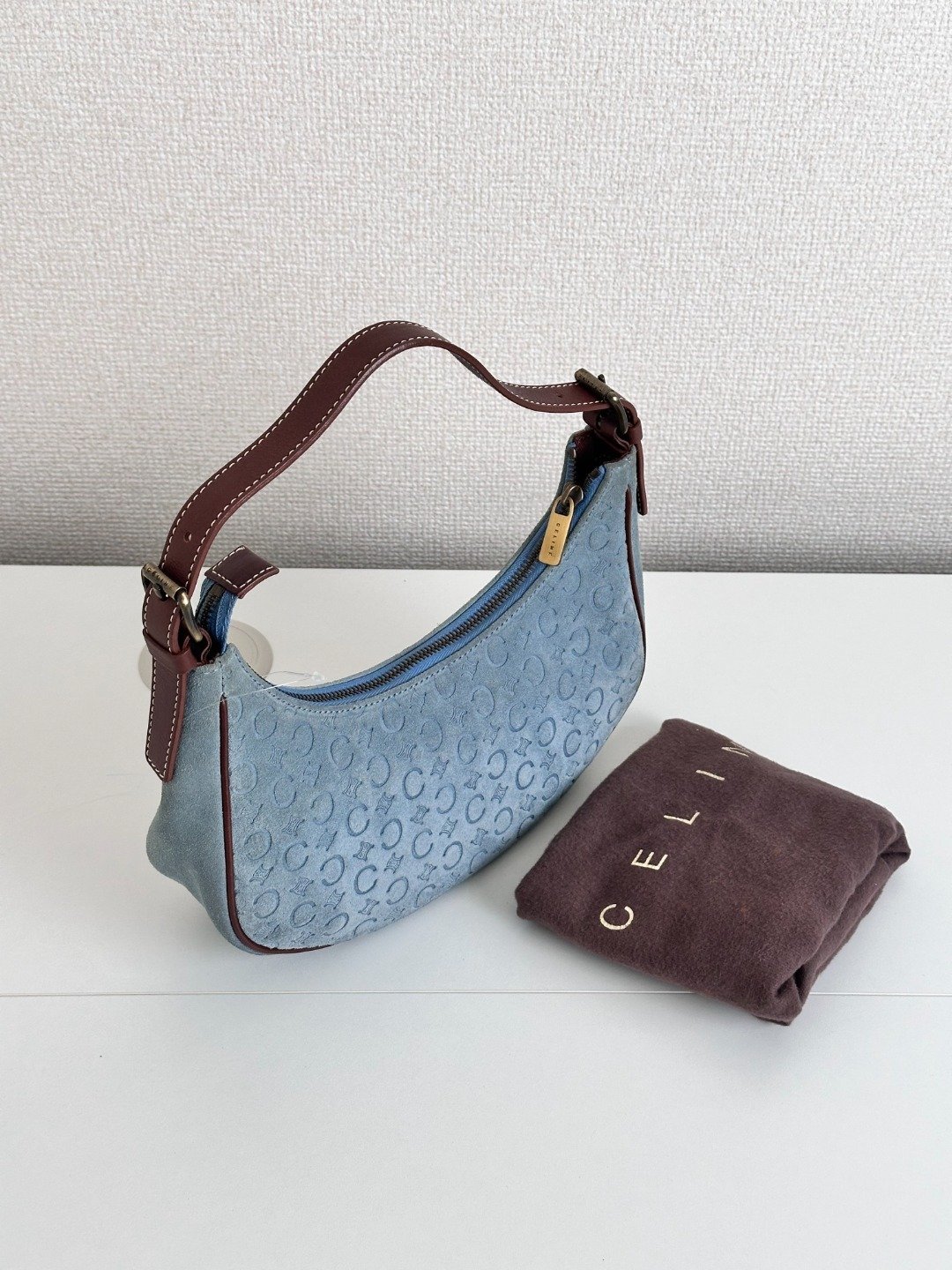 中古包 Celine思琳 Macadam Triomphe 老花半月包 - 手提包/手提袋 - 棉 蓝色
