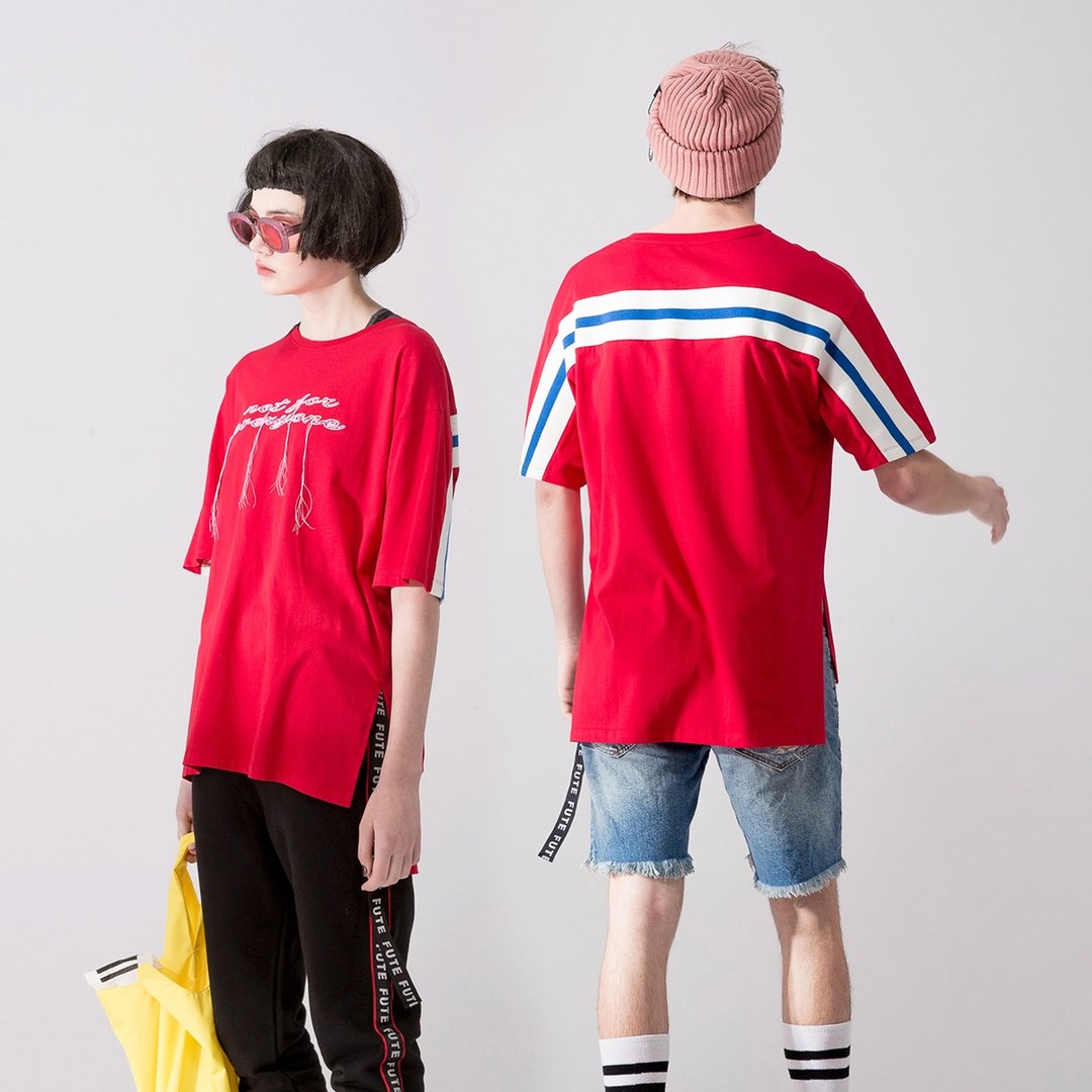 Goody Bag - 流苏绣花拼接短袖t-shirt / 红色+灰色 - 女装上衣 - 棉 红色