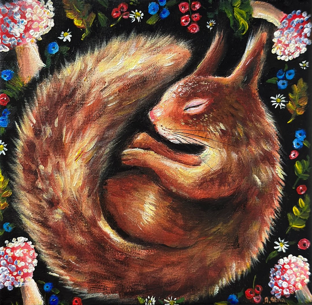 睡觉松鼠画布画、松鼠装饰、林地动物、森林艺术 - 墙贴/壁贴 - 棉 黑色