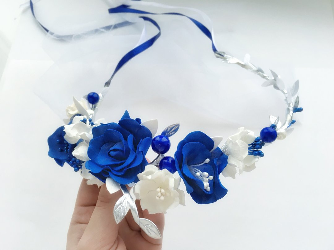 Royal blue flower crown for kids or women, Blue flower hairpiece, 髮飾 - 发饰 - 其他材质 蓝色