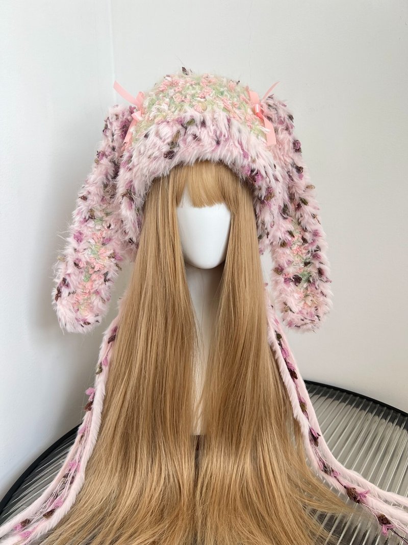 可爱粉红兔耳毛绒帽 | 蓬松兔耳冬帽 | 手工卡哇伊仿毛皮针织帽 - 帽子 - 其他材质 