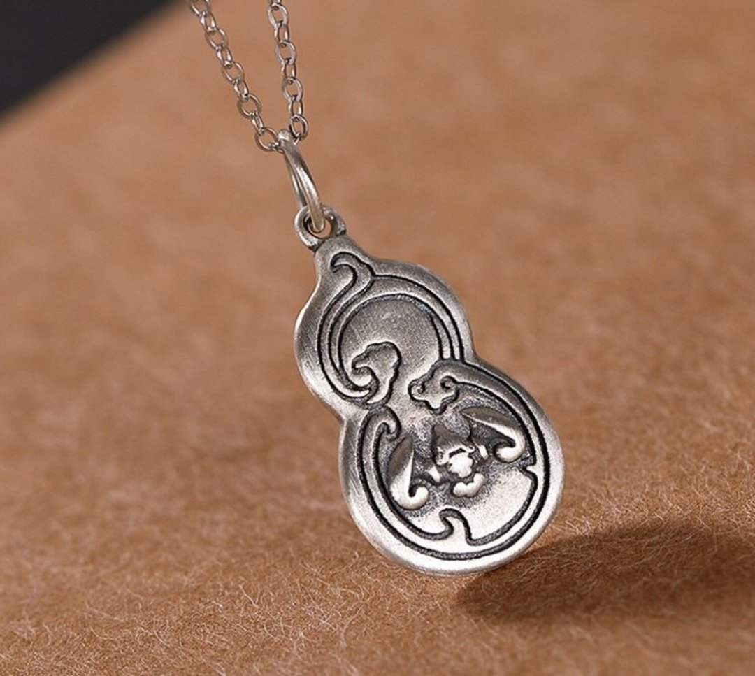 Real 925 Sterling Silver Gourd Bat Pendants for Women Ethnic Vintage Eastern - 长链 - 纯银 银色