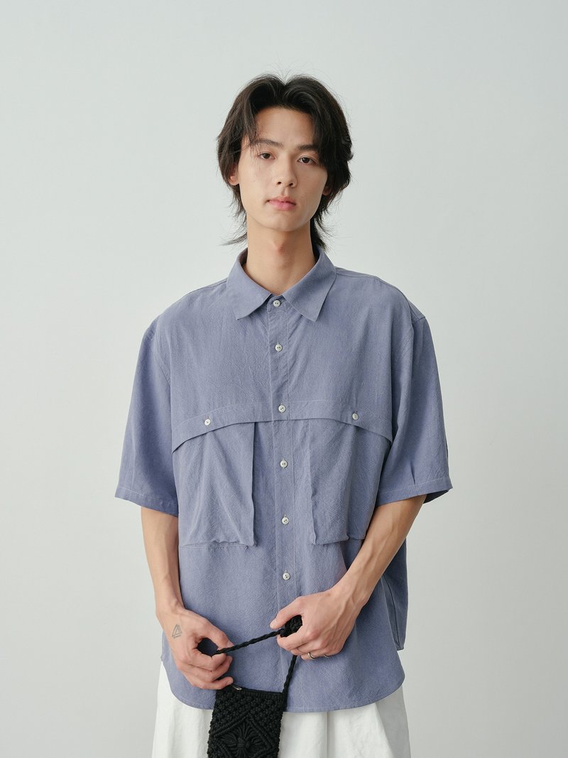 日系复古 天丝水洗肌理感短袖衬衫 - 男装衬衫 - 其他材质 灰色