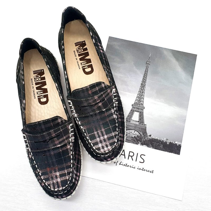 真皮懒人乐福磁石厚底气垫球囊鞋(黑格纹) - 女款牛津鞋/乐福鞋 - 真皮 黑色