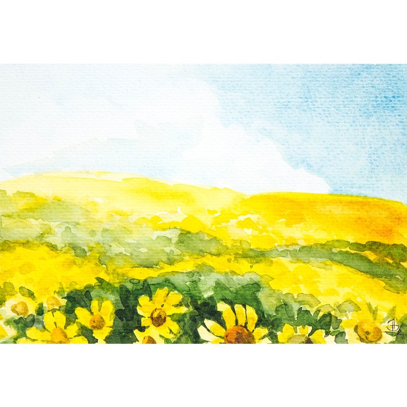 Sunflower Painting, Field Painting, Landscape Painting, Watercolor Flowers Art - 海报/装饰画/版画 - 纸 黄色