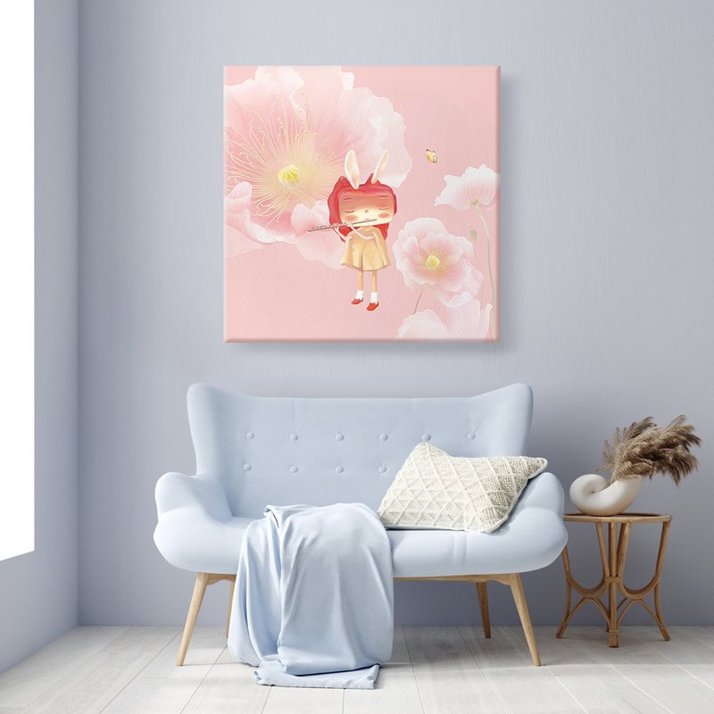 春日笛声 - 兔耳少女与繁花艺术复制画 (治愈系居家布置) - 海报/装饰画/版画 - 其他材质 粉红色